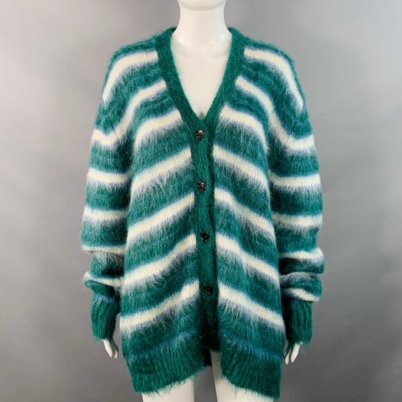 MARNI Size 6 Green Blue White Mohair Blend Stripe V-Neck Cardigan - Picture 1 of 7